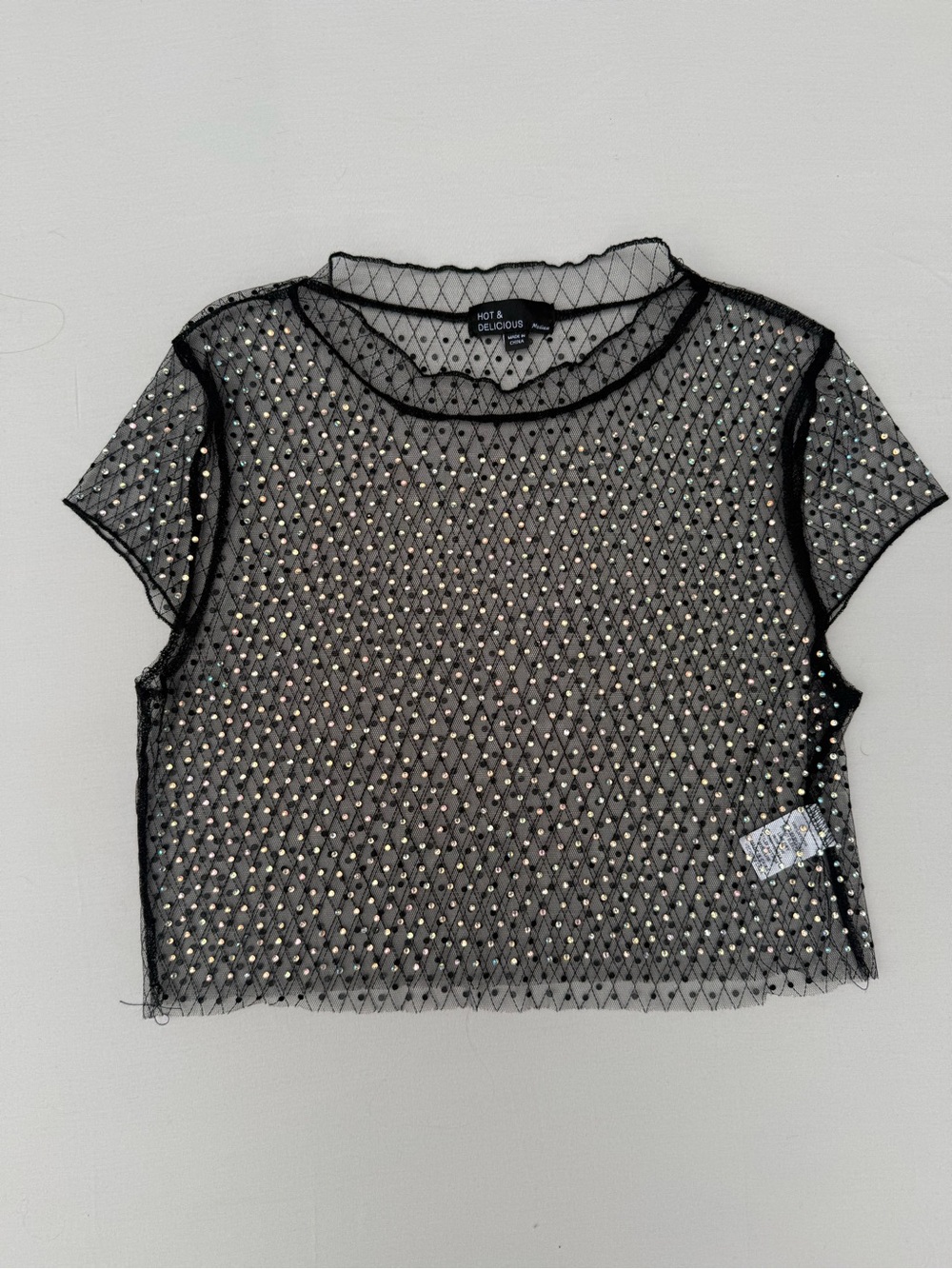 Hot & Delicious Black Rhinestone Mesh Crop Top